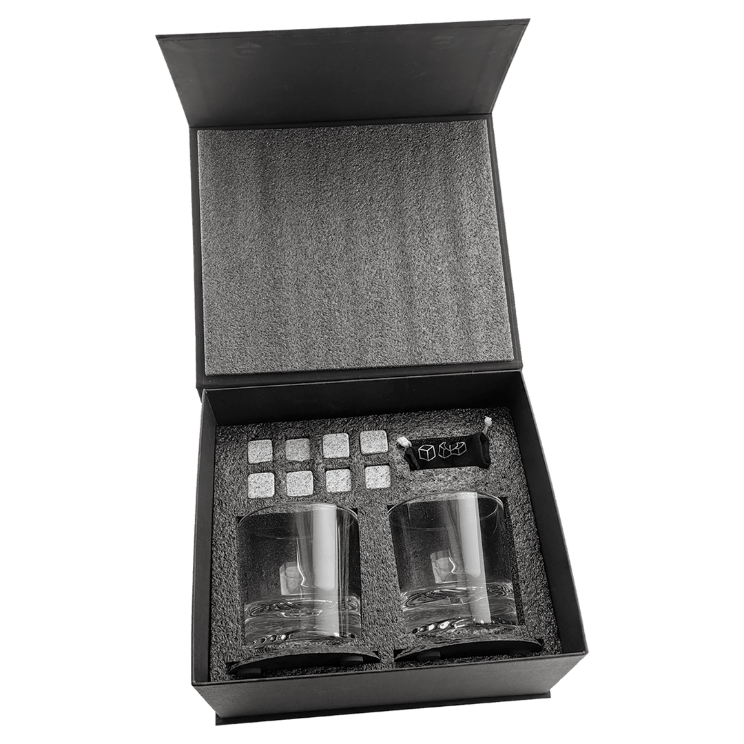 Custom Whiskey Glass Gift Box Set – Personalized Logo Engraved Rocks Glasses with Slate Coasters & Whiskey Stones