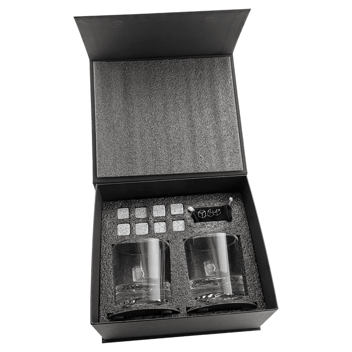 Custom Whiskey Glass Gift Box Set – Personalized Logo Engraved Rocks Glasses with Slate Coasters & Whiskey Stones
