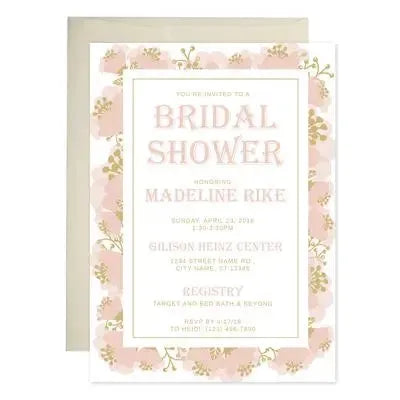 White and blush floral bridal shower invitation with elegant pink and gold accents