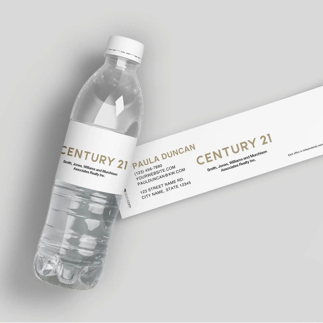 Custom Century 21 branded white water bottle label with realtor contact info on clear bottle.