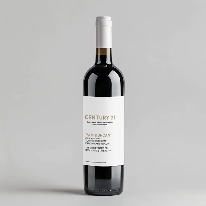 Century 21 branded wine bottle with custom white label and real estate agent details