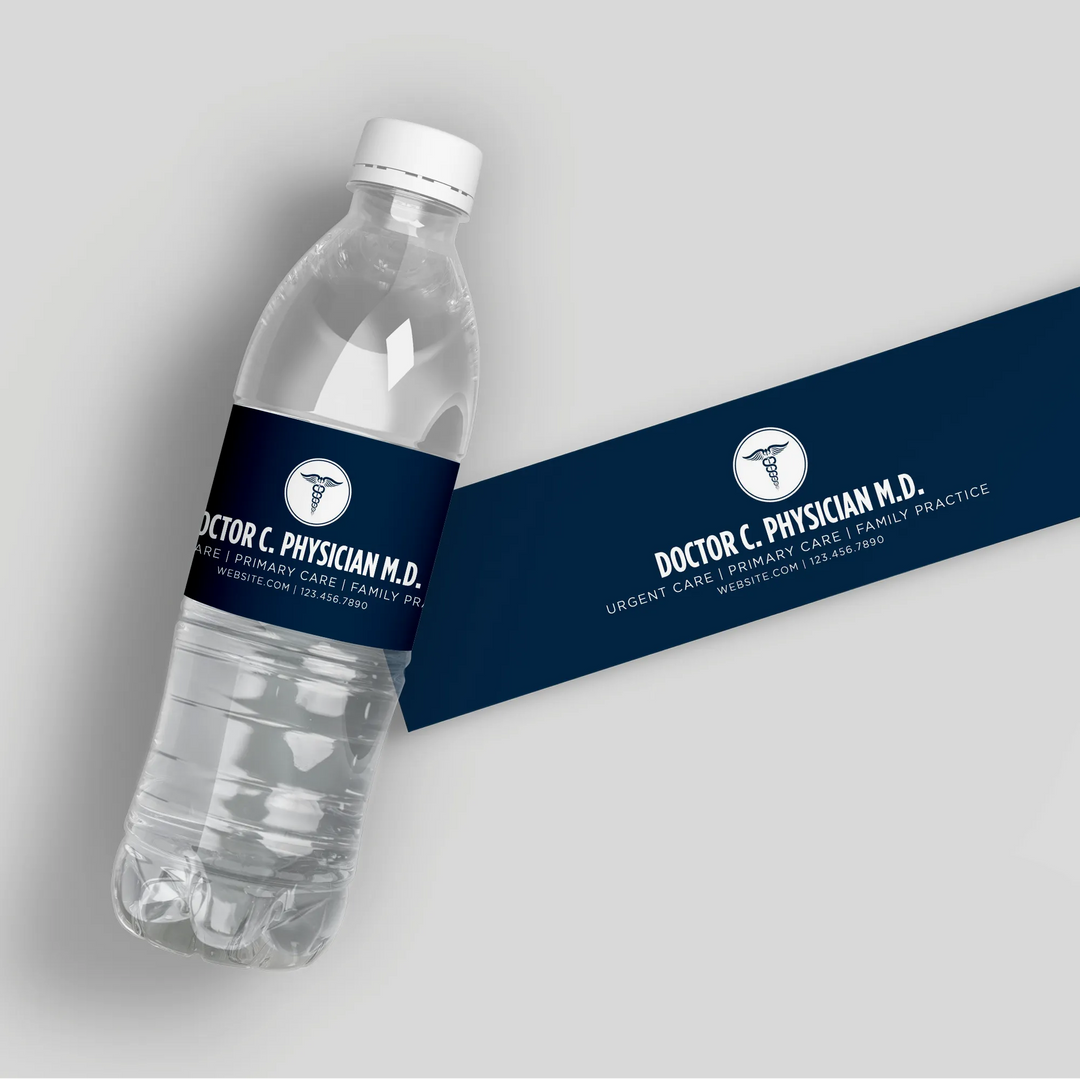 Custom white doctor water bottle label with medical caduceus logo and contact details.
