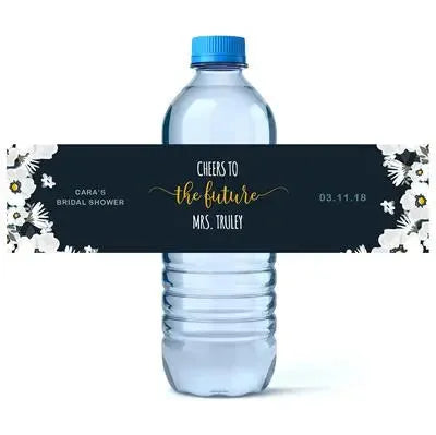 Water bottle with dark floral bridal shower label, Cheers to the Future Mrs. Truley text