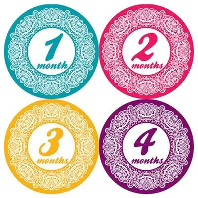 White lace baby month stickers for 1, 2, 3, and 4 months in colorful circles.