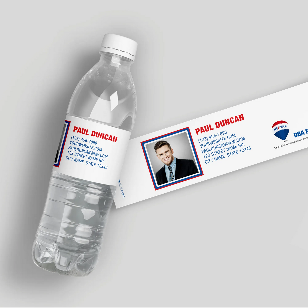 Custom RE/MAX water bottle label with contact info and photo on clear plastic bottle