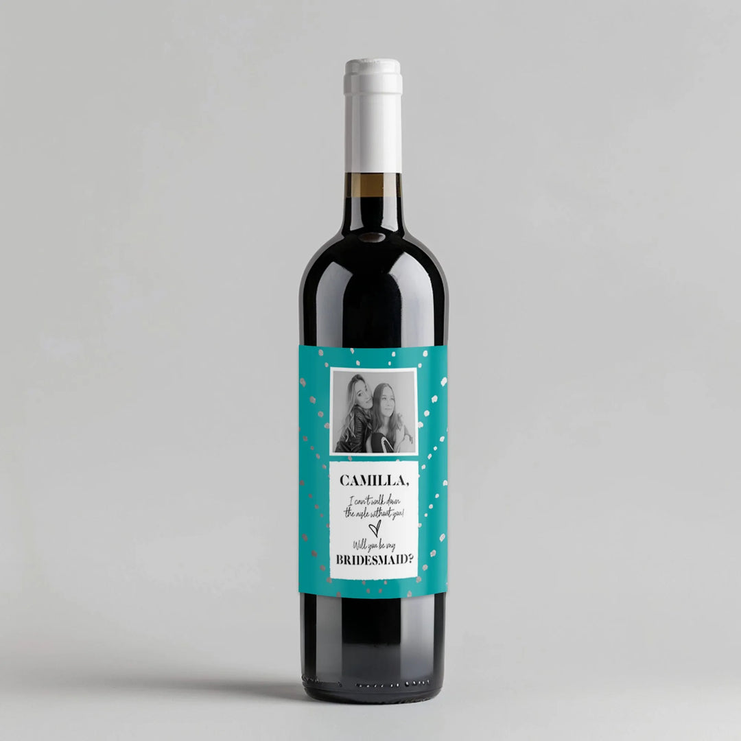 Will you be my bridesmaid custom wine label with teal design and photo on wine bottle