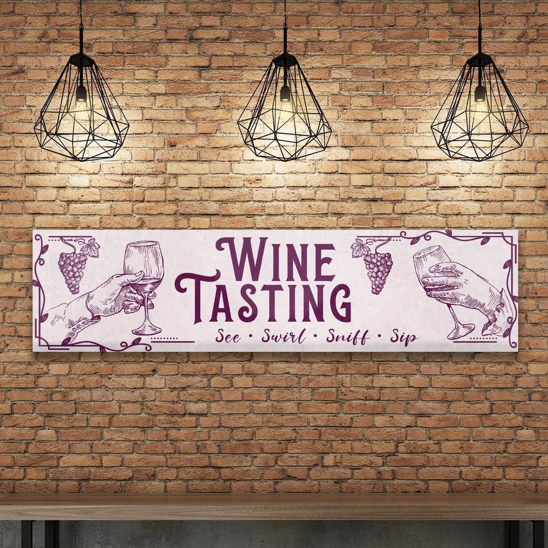 Wine tasting metal sign on brick wall with illustrations of hands holding wine glasses and grapes