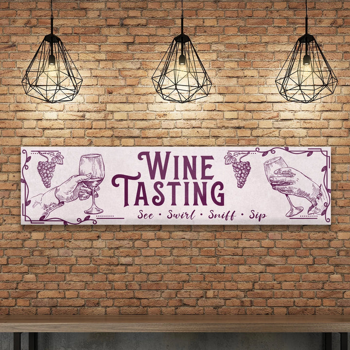 Wine tasting metal sign on brick wall with illustrations of hands holding wine glasses and grapes