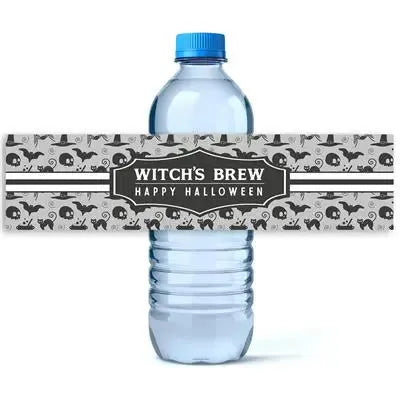 Water bottle with Witch's Brew Happy Halloween label and Halloween icons