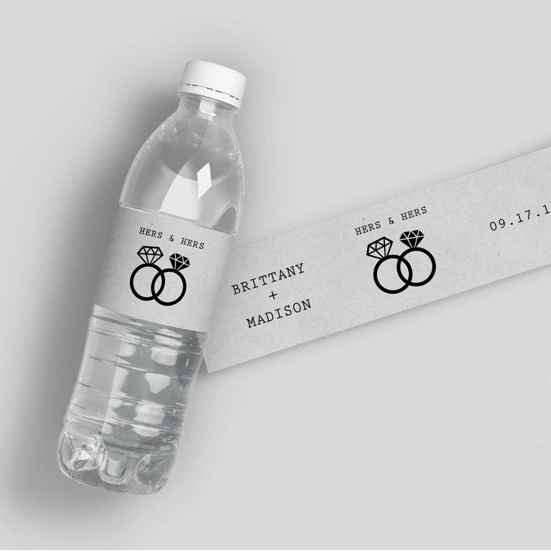 Custom wedding water bottle label with Hers & Hers rings and Brittany and Madison names