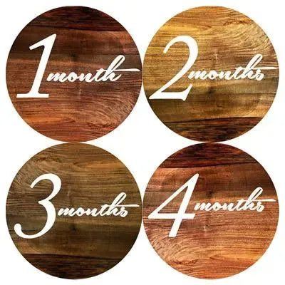 Wood script baby month stickers for 1 to 4 months with rustic backgrounds.