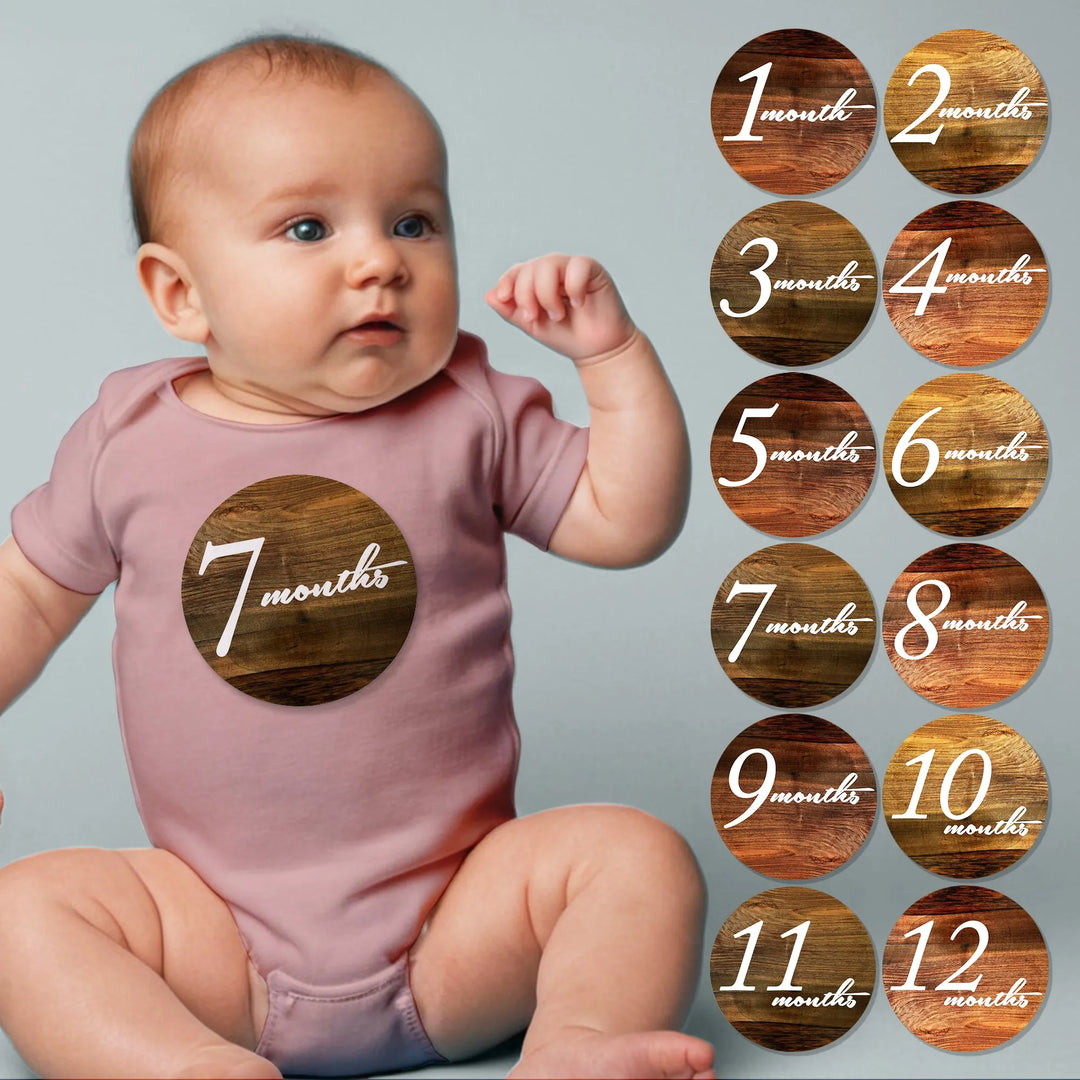 Wood Script Baby Month Stickers - iCustomLabel