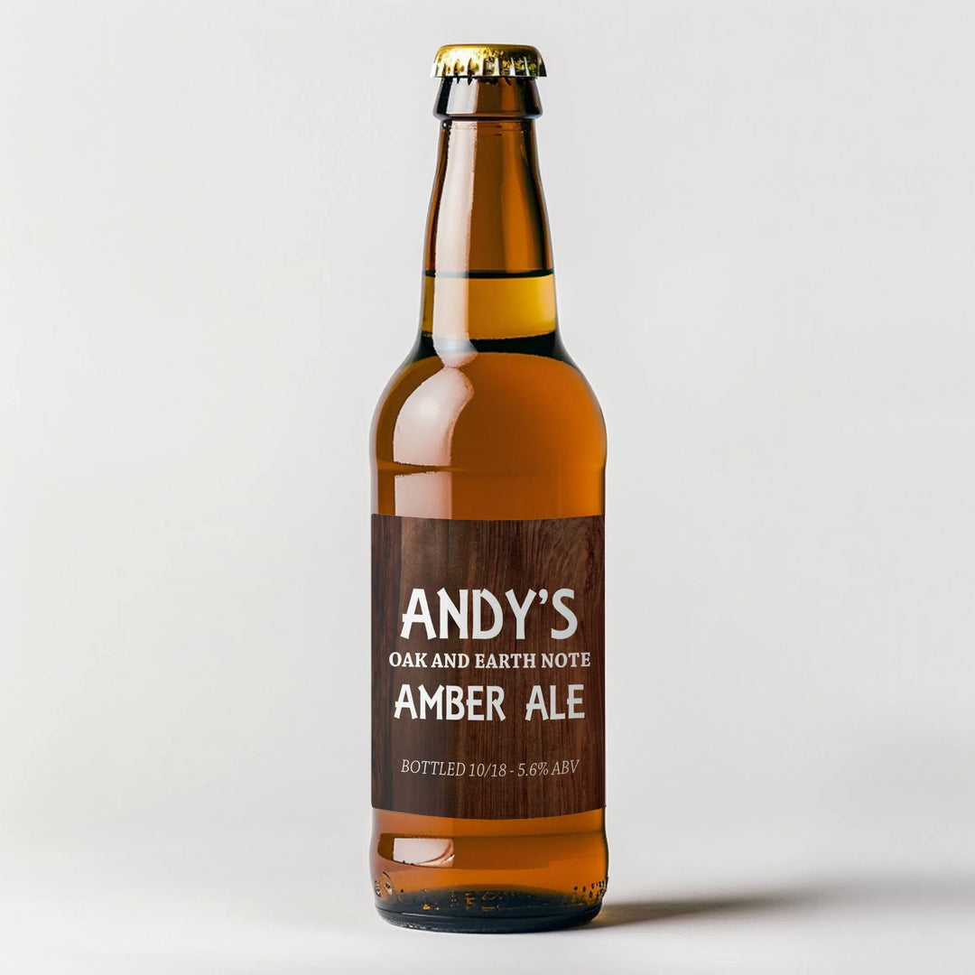 Amber ale beer bottle with custom wood-style label, white text, on plain background