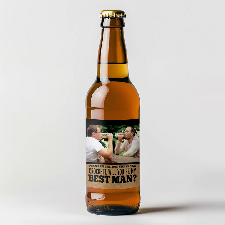 Personalized groomsman beer bottle label with two men drinking and 'Will you be my best man?' text.