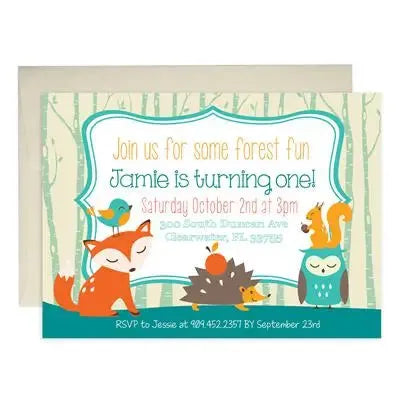 Woodland animals birthday invitation with fox, owl, squirrel and forest theme design