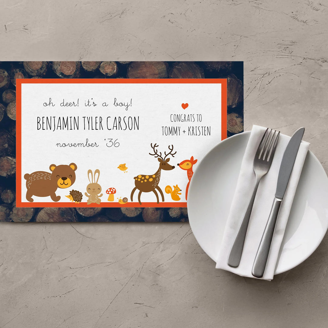 Woodland creatures baby shower placemat with cute animals and personalized text on table setting