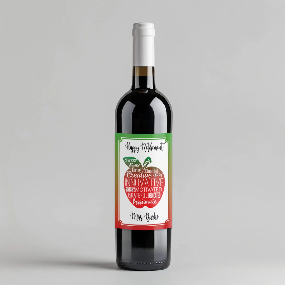 Teacher retirement wine bottle with apple word art label and green red border