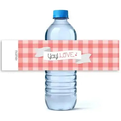 Valentine water bottle with pink plaid label reading 'Yay! LOVE' and heart accents.