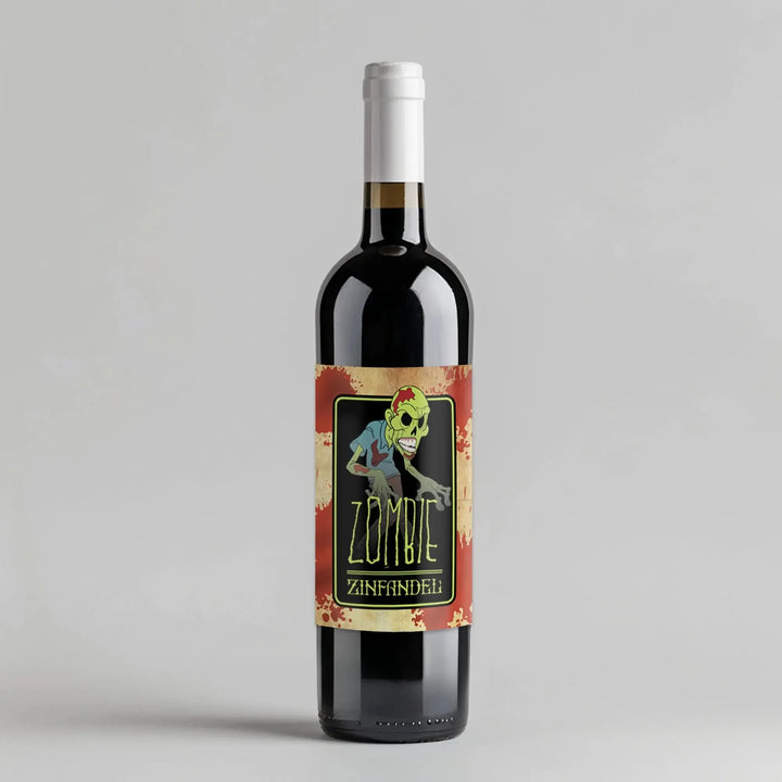 Zombie Zinfandel wine bottle with cartoon zombie label on gray background